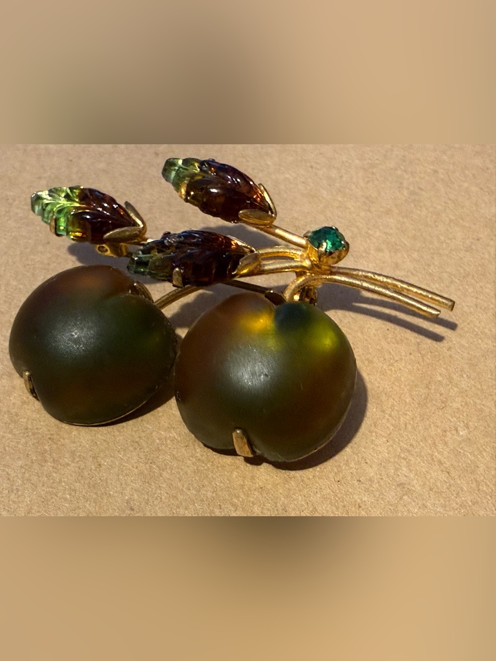 Vintage Austria Molded Glass Green Fruit Cluster Brooch with Gold-Tone Stem